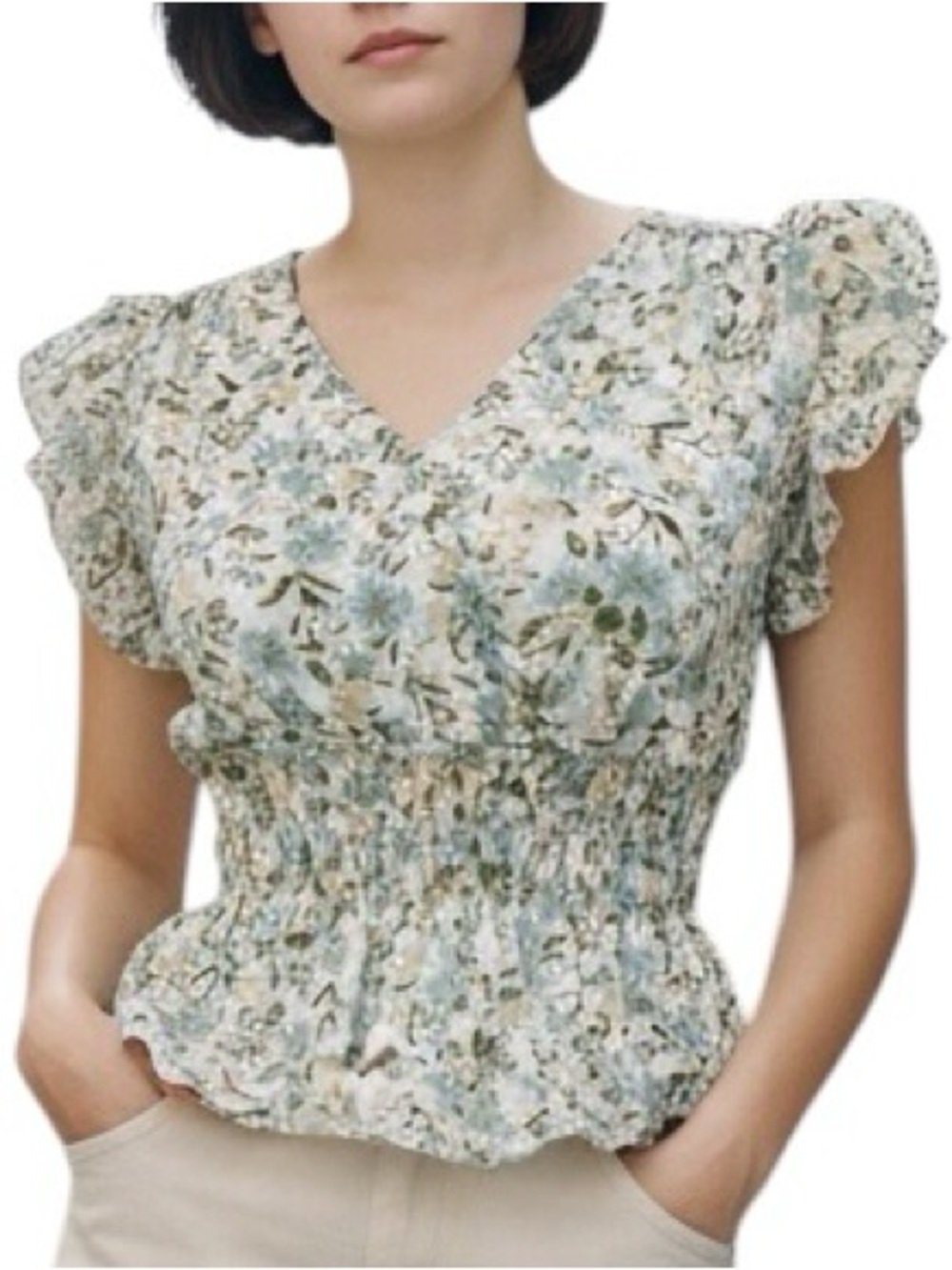 Paper Crane Top Cream Floral Smocked Peplum Blouse Green Tan V-neck Size XSMALL